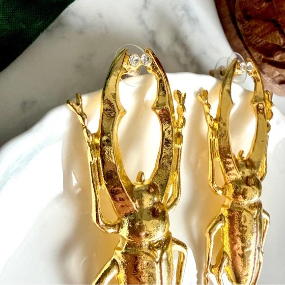 Gold Stag Beetle Crystal Earrings Jumbo Insect Scarab Bug Vtg Style Jewelry NEW - Picture 9 of 10